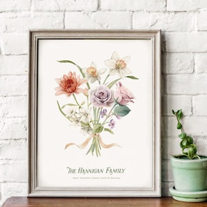 May include: A watercolor print of a bouquet of flowers in shades of pink, white, and orange. The flowers are arranged in a vase and the print includes the text "The Hannigan Family".