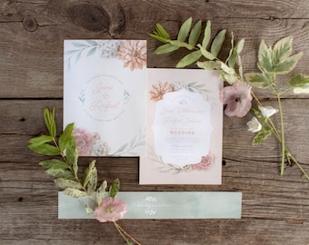 Hydrangea with Peach Dahlia Botanical Wedding Invitations & Stationery - SAMPLE - Floral Wedding Stationery - Artwork by Alicia's Infinity