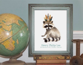 Watercolour Animal Birth Announcement Wall Art - Personalized Print - Watercolour Painting Print by Alicia's Infinity