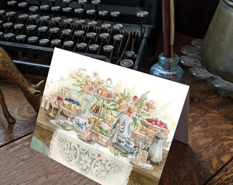 Garden Tea Party Notecard - "Vintage Tea Party" - Antique Tea themed watercolour artwork by Alicia's Infinity