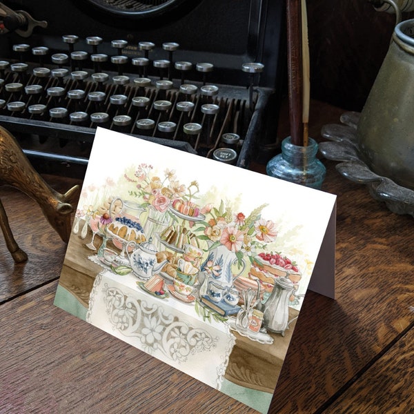 Garden Tea Party Notecard - "Vintage Tea Party" - Antique Tea themed watercolour artwork by Alicia's Infinity