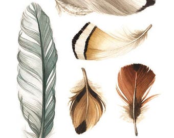Feather Watercolor Art Print B, Bohemian Home Decor, Nature Wall Art