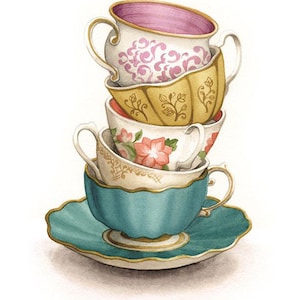 May include: A stack of four teacups and saucers. The top cup is pink with a floral pattern, the second cup is yellow with a floral pattern, the third cup is white with a pink floral pattern, and the bottom cup is teal with a gold rim. The cups are stacked on a teal saucer with a gold rim.