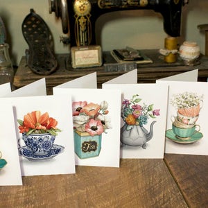 Vintage Tea Themed Variety Pack of 6 Blank Note Cards - Antique Tea Artwork - Tea Party Cards - Watercolour Artwork by Alicia's Infinity