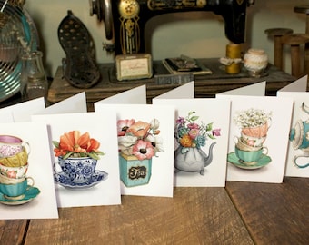 Vintage Tea Themed Variety Pack of 6 Blank Note Cards - Antique Tea Artwork - Tea Party Cards - Watercolour Artwork by Alicia's Infinity