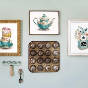 Set med 3 vintage te-tematryck - Akvarell illustration av tekopp, väggkonst av Alicia's Infinity