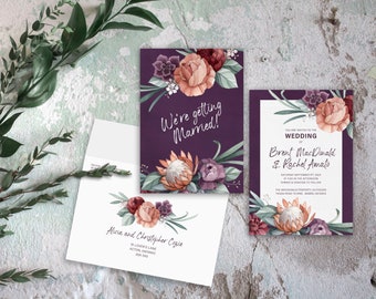 Protea, Peony and Succulent Wedding Stationery - SAMPLE - Botanical Floral Watercolour Wedding Invitations - Artwork by Alicia's Infinity