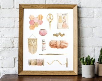 Knitting, sewing, painting, crochet, macrame wall art - "Vintage Crafting Items" Watercolour Illustration Print- Alicia's Infinity