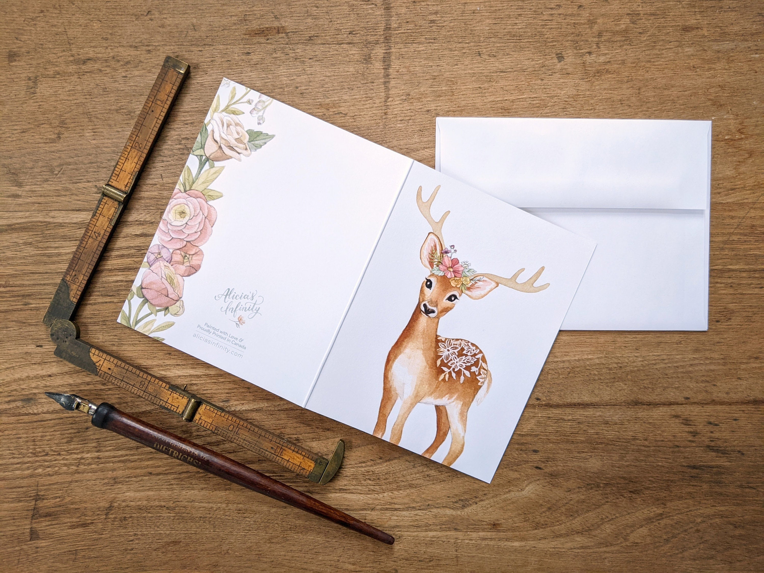 Deer with Flower Crown "Any Occasion" Card - Watercolour Painted Fawn Blank Notecard - Artwork by Alicia's Infinity