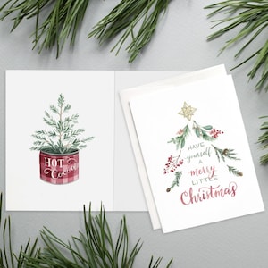 Biglietto di Natale singolo - Regalati un allegro piccolo albero di Natale in posizione piatta - Acquerello di Alicia's Infinity