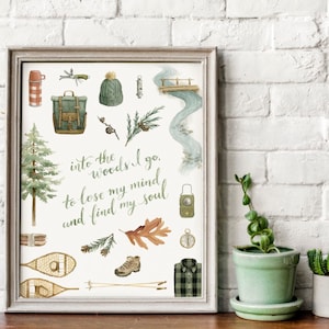 Hiking Quote &quot;Into the Woods I go...&quot; Flat Lay Watercolour Print - Hiking Gear - Art by Alicia&#39;s Infinity