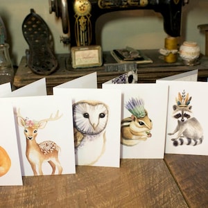 Lot de 6 cartes Animaux de la forêt - Aquarelle hibou, renard, mésange, tamia, raton laveur et cerf - Art by Alicia's Infinity