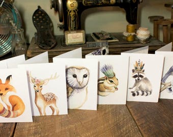 Woodland Animal Pack of 6 Notecards - Watercolour owl, fox, chickadee, chipmunk, raccoon & deer - Art by Alicia&#39;s Infinity