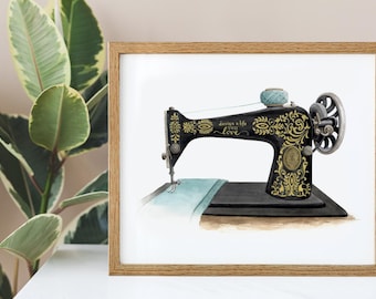 Vintage Singer Sewing Machine Watercolour Print – Craft Room Decor