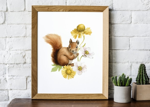 Eichhörnchen mit Blumen Illustration Florals Infinity Anemone von Kunst Alicia\'s Aquarell Kunst Druck mit Wald Kinderzimmer Eichhörnchen