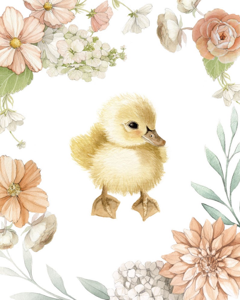 Duckling with pink and peach Florals Painting Wall Art Watercolour Print by Alicia's Infinity image 2