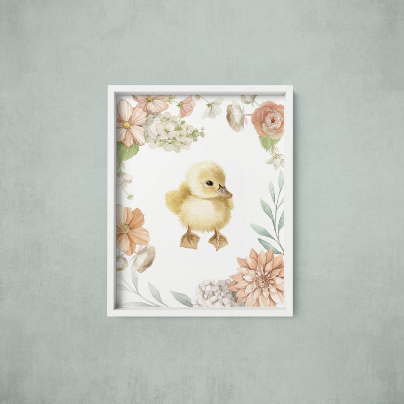 Duckling with pink and peach Florals Painting Wall Art Watercolour Print by Alicia's Infinity image 1