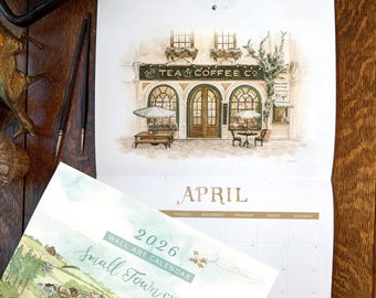 Wandkalender "Small Town Charm" 2026 - aquarel geschilderde vintage gebouwen en nostalgische winkels | Januari-december 2026 | - OP BESTELLING GEMAAKT