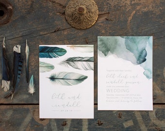 Watercolour Feather Boho Wedding Stationery Theme - SAMPLE - by Alicia's Infinity