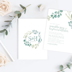 Greenery Watercolor Wreath Monogram Wedding Invitations & Stationery - SAMPLE - Watercolour Vine Art and Design by Alicia's Infinity