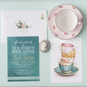 Muestra de invitaciones personalizadas para despedida de soltera - Invitaciones para fiesta de té - Despedida de soltera para fiesta de té - Tarjetas para taza de té - Ilustraciones de Alicia's Infinity
