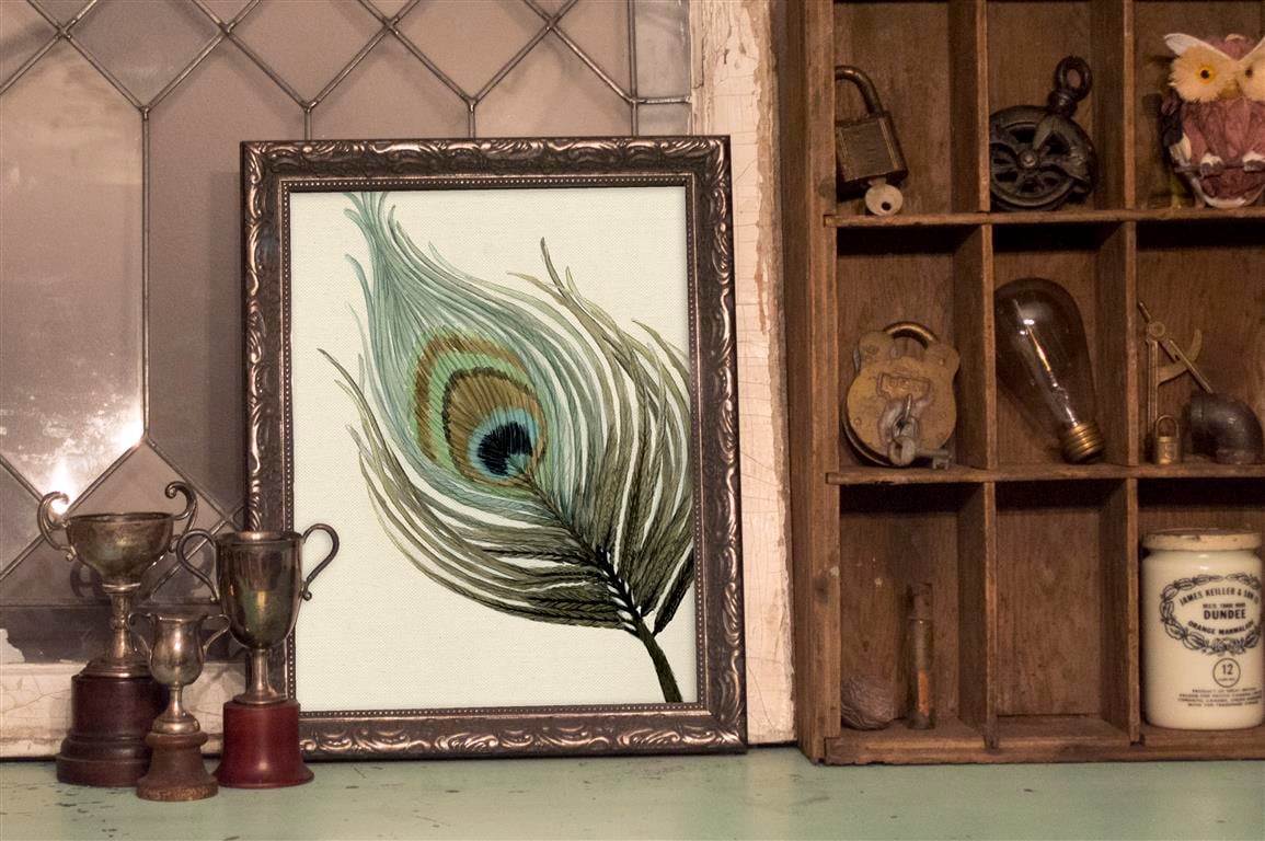 ヴィンテージ孔雀額装 孔雀の羽の水彩画プリント - 孔雀の壁飾り - 「孔雀ソロ」 by Alicia's