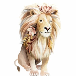 Lion with flowers in its hair Illustration - Safari Animal Nursery Art - Lion Watercolour Print - Art by Alicia's Infinity