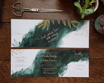 Tri-Folding Watercolour Painted Wash with Leaves – Watercolor Wedding Invitations and Stationery  - SAMPLE - Artwork by Alicia's Infinity