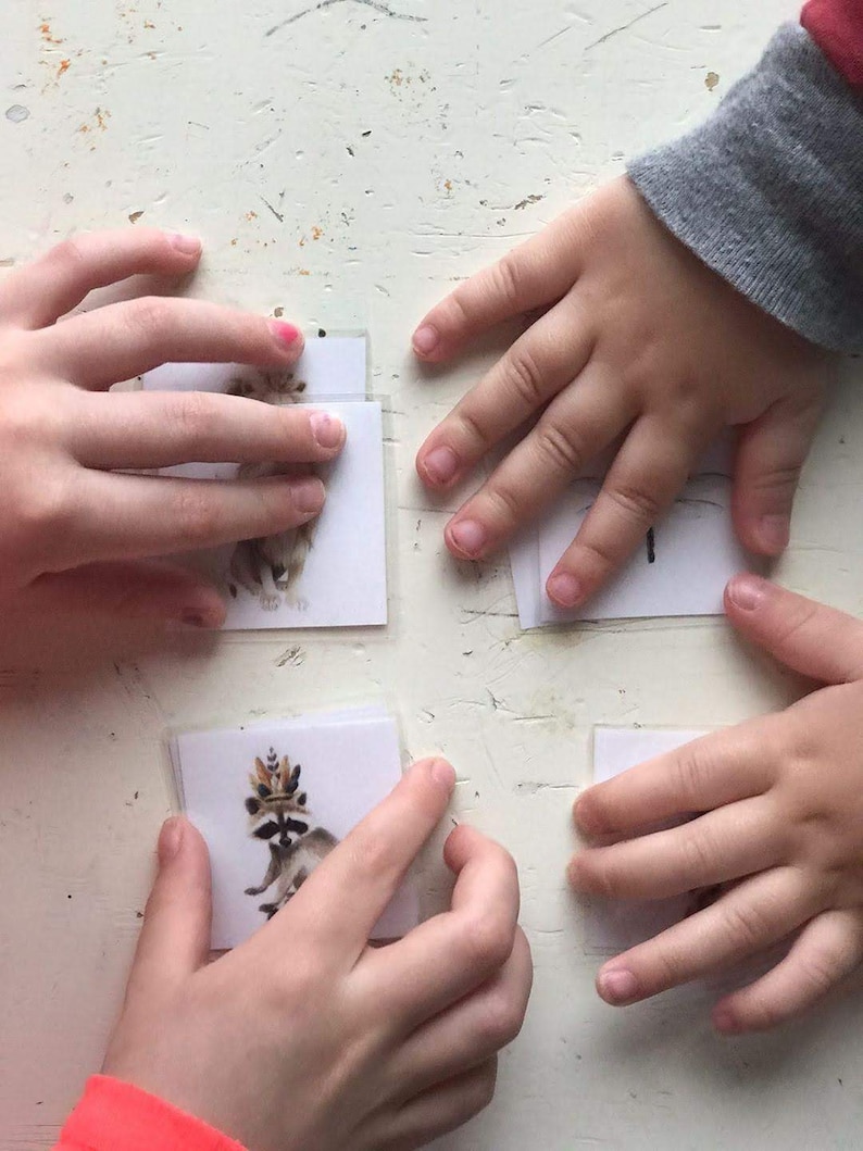 Op de afbeelding: Vier witte kaarten met illustraties van dieren op een wit oppervlak. De kaarten worden vastgehouden door handen. E&eacute;n kaart toont een wasbeer met een kroon.