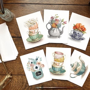 Pacote variado com tema de chá vintage com 6 cartões em branco - Arte de chá antiga - Cartões para festa do chá - Arte em aquarela por Alicia's Infinity