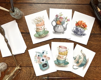 Vintage Tea Themed Variety Pack of 6 Blank Note Cards - Antique Tea Artwork - Tea Party Cards - Watercolour Artwork by Alicia&#39;s Infinity