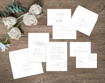 Custom Venue Sketch with Leaves Wedding Invitations & Stationery - SAMPLE - Artwork by Alicia's Infinity