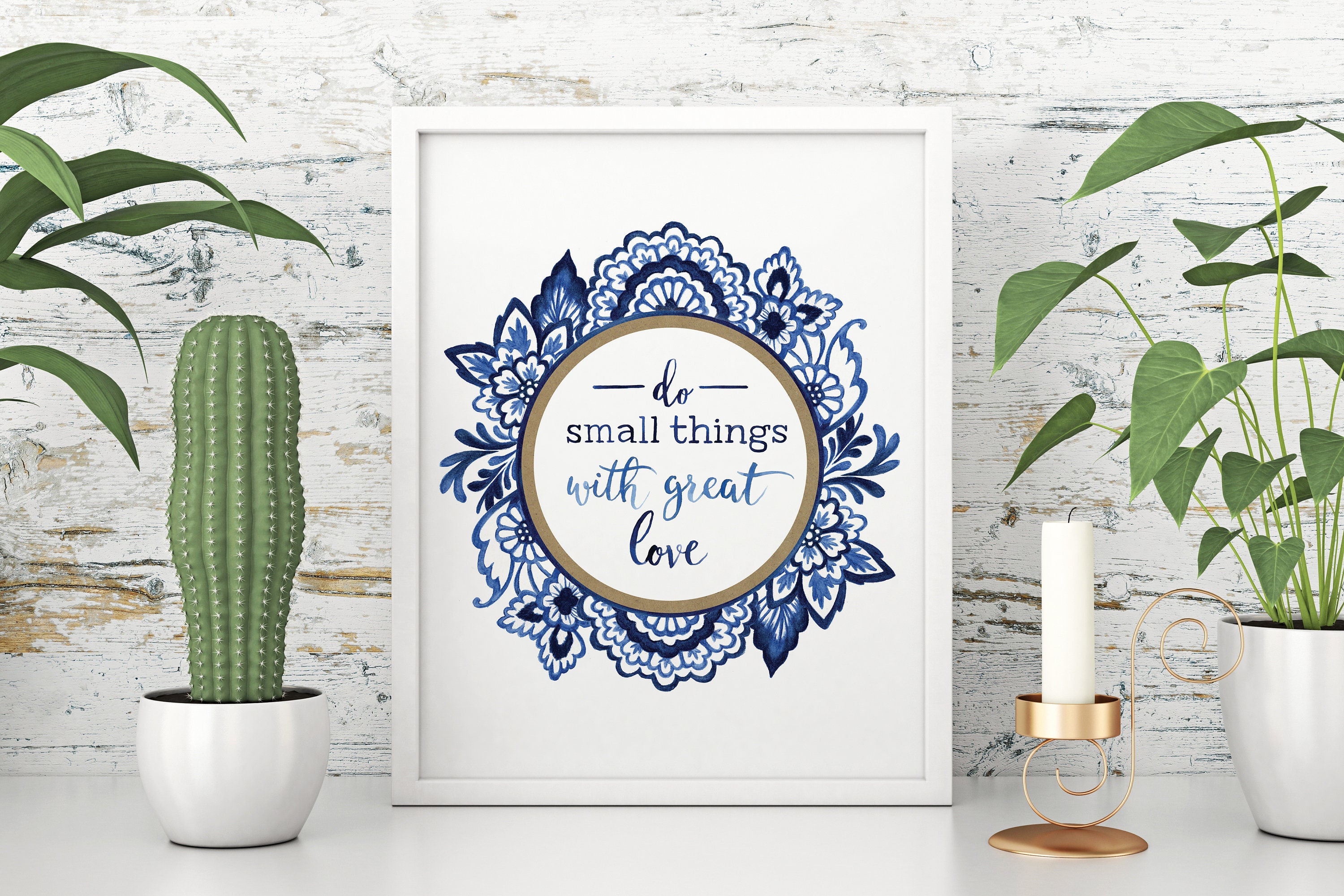 Rób małe rzeczy z wielką miłością - Delft Blue Willow Floral Akwarela Art Print - Cytat Sztuka - autorstwa Alicia's Infinity