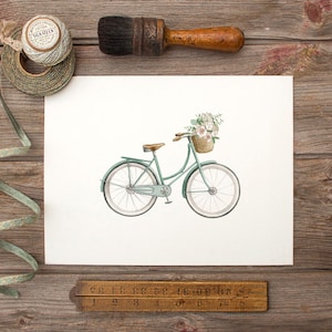 Vélo vintage avec corbeille de fleurs aquarelle - impression d&#39;art pour chambre de filles - oeuvre d&#39;art par Alicia&#39;s Infinity