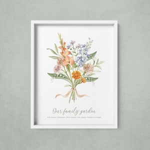 Custom Birth Flower Bouquet Art Print - Personalized Family Birth Month Flowers Wall Art, Custom Gift for Mom or Grandma - Alicia's Infinity