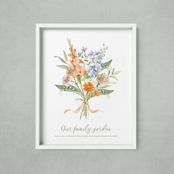 Custom Birth Flower Bouquet Art Print | "Grandma's Garden" or Mom's Garden" | Personalized Family Birth Wall Art, Custom Gift
