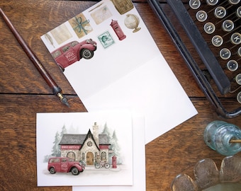 Single Christmas Card - Small Town Post Office - Architecture and Vintage Truck Illustration - Watercolour Art by Alicia's Infinity