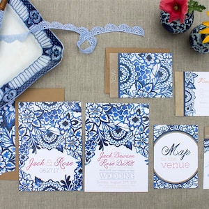 Delft Blue Wedding Invitation - SAMPLE - Blue Willow Wedding - Watercolour Painted Wedding Stationery by Alicia's Infinity