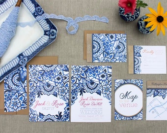 Delft Blue Wedding Invitation - SAMPLE - Blue Willow Wedding - Watercolour Painted Wedding Stationery by Alicia's Infinity