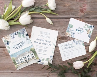 Blue florals with Hydrangea, Anemone & Thistle Wedding Invitations + Stationery - SAMPLE - Floral Invitations - Artwork by Alicia's Infinity