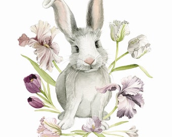 Rabbit Illustration Print - Ears Up Bunny with Tulips and Crocus Flowers Woodland Nursery Art - Watercolour Artwork by Alicia's Infinity