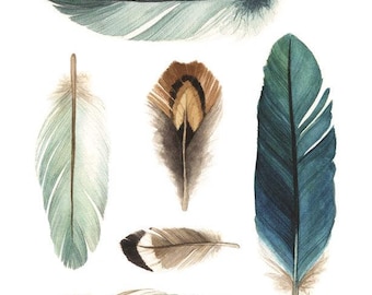 Feather Watercolor Art Print A, Bohemian Home Decor, Nature Wall Art
