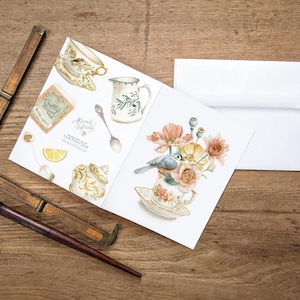 Teacup with a Bird & Flowers Blank Notecard - Nostalgic Watercolour Artwork by Alicia&#39;s Infinity