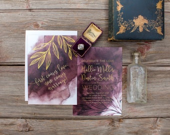 Watercolour Painted Wash with Leaves – Marsala Wedding Invitations and Stationery  - SAMPLE - Artwork by Alicia's Infinity