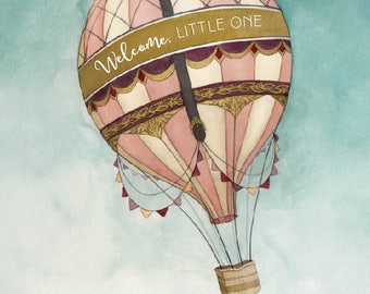 Personalized Hot Air Balloon Birth Announcement - Watercolor Art Print