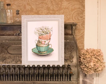 Vintage Teacups and Baby's Breath Illustration (Art Print) - Tea Cup Art - "Teacups with Flowers" by Alicia's Infinity