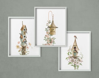 Individual Birdhouses in the Garden Illustration Print - Woodland Watercolour Bird Illustration and Bird Decor - Art by Alicia's Infinity