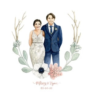 Puede incluir: Pintura acuarela de una pareja de bodas de pie frente a una corona de flores. La novia lleva un vestido blanco de encaje y el novio lleva un traje azul. El texto "Missy & Ryan 01-04-20" est&aacute; escrito debajo de la pareja.