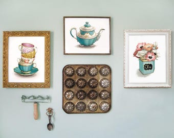 Set of 3 Vintage Tea Themed Prints - Tea Cup Watercolour Illustration Wall Art by Alicia's Infinity