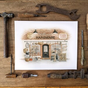 May include: A watercolor illustration of a hardware store storefront with the name "William's Hardware" above the door. The store has a brick facade with a sign that reads "Paint & Glass" on the left and "Appliances, Plumbing & Lumber" on the right. There are various tools and supplies displayed in the windows.
